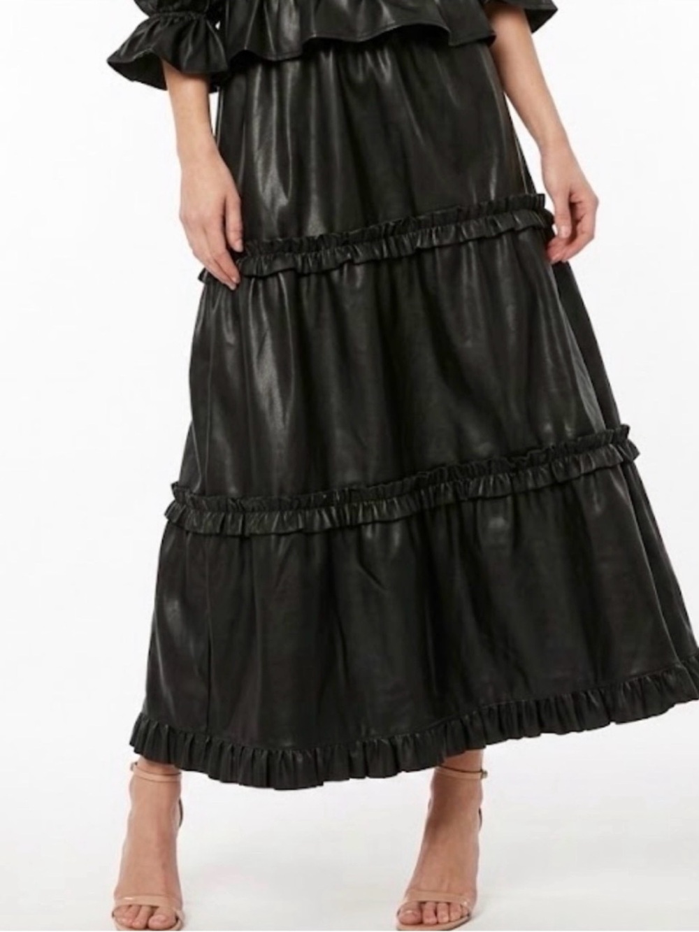 MISA LA Black Off-Shoulder Vegan Leather Puff Sleeve Top + Matching Tiered Skirt - Picture 3 of 9